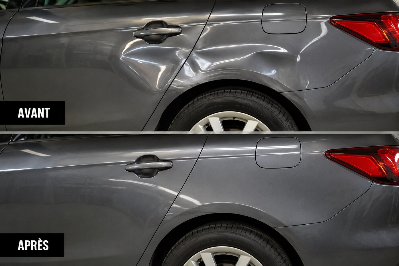 Carrosserie bosselée avant / débosselage sans peinture après — NEO Carrosserie Aigle
